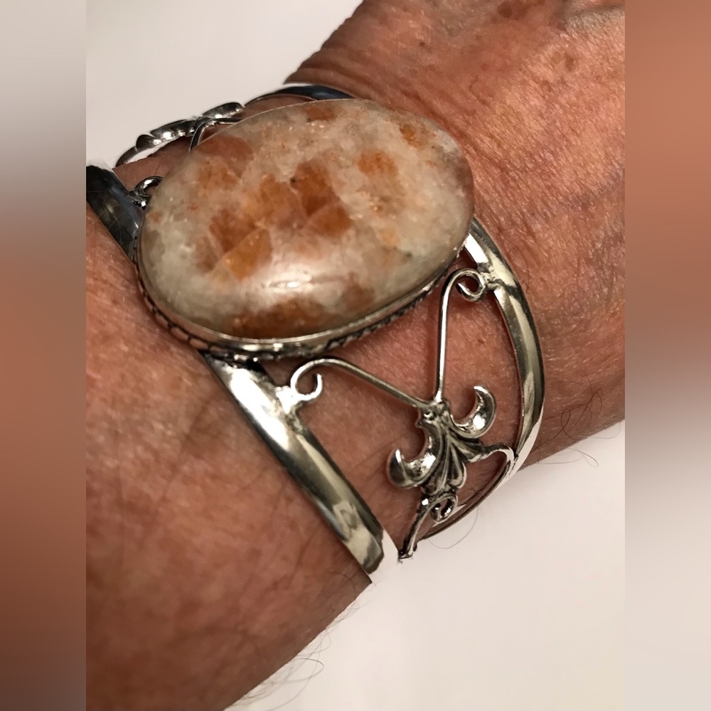 Sunstone Stamped 925 Sterling Silver Cuff Bracelet - Picture 2 of 4